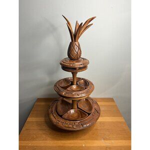 3 tired lazy Susan MCM mid century modern wooden hand carved money pod pineapple